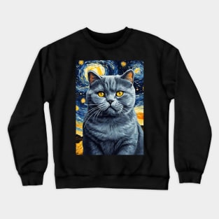 British Shorthair Cat Breed Painting in a Van Gogh Starry Night Art Style Crewneck Sweatshirt